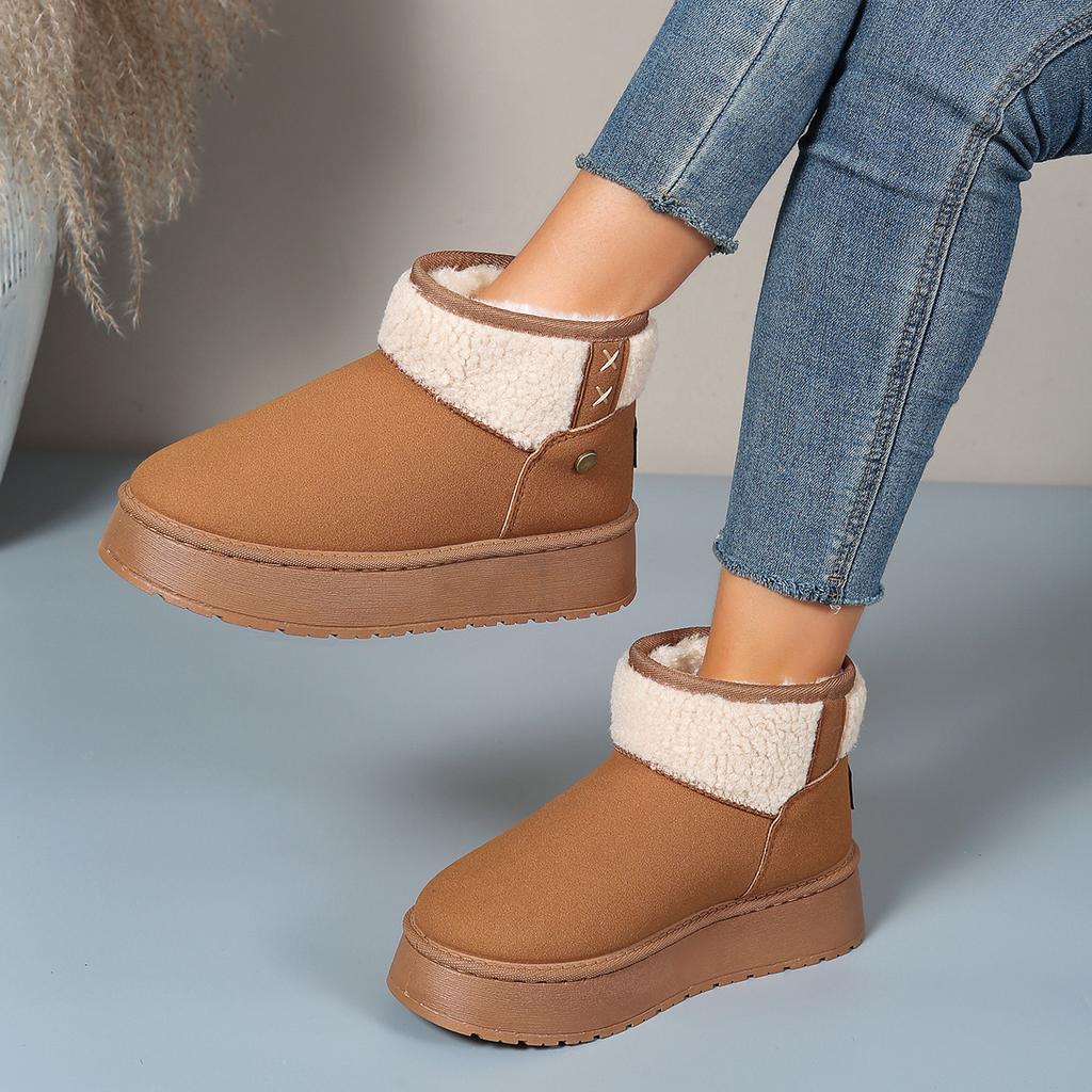 Women's Wide Width Platform Snow Boots, Slip-On Faux Fur Cuff Booties, Minimalist Winter Boots for Women