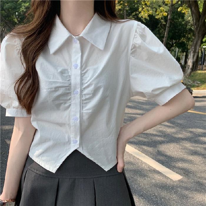 College Chiffon Shirt Women's POLO Neck Short Sleeve Splicing Slim Bubble Sleeve Japan and Korea Commuter Leisure Summer