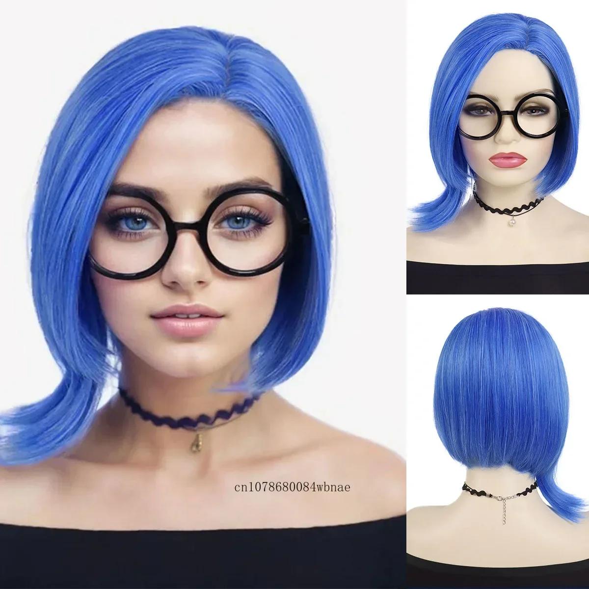 

Synthetic Hair Short Straight Blue Bob Cosplay Wigs for Women Anime Cartoon Costume Wig with Glasses Set Halloween Party Use as the picture-