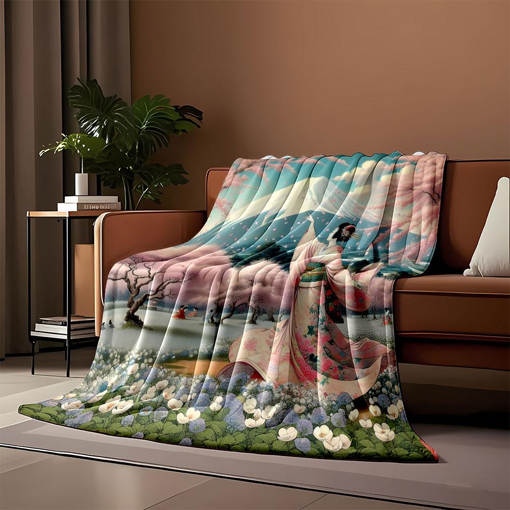 Cherry Blossom Geisha Scene print blanket soft and cozy perfect for the living room bed sofa or a nap,gift