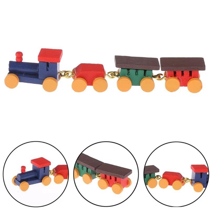 1/12 Miniature Wood Train Toy with Vibrancy Color Carriages and Metal Hooks for Doll House Scene Display Enhancement