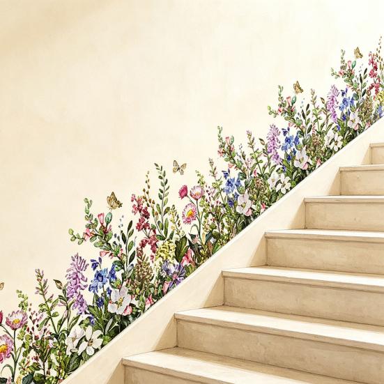 Yousheng 2 Sheets Watercolor Floral Wall Corner Stickers Wildflower Butterflies Green Grass Baseboard Skirting Line Wall Decals for Bedroom Living
