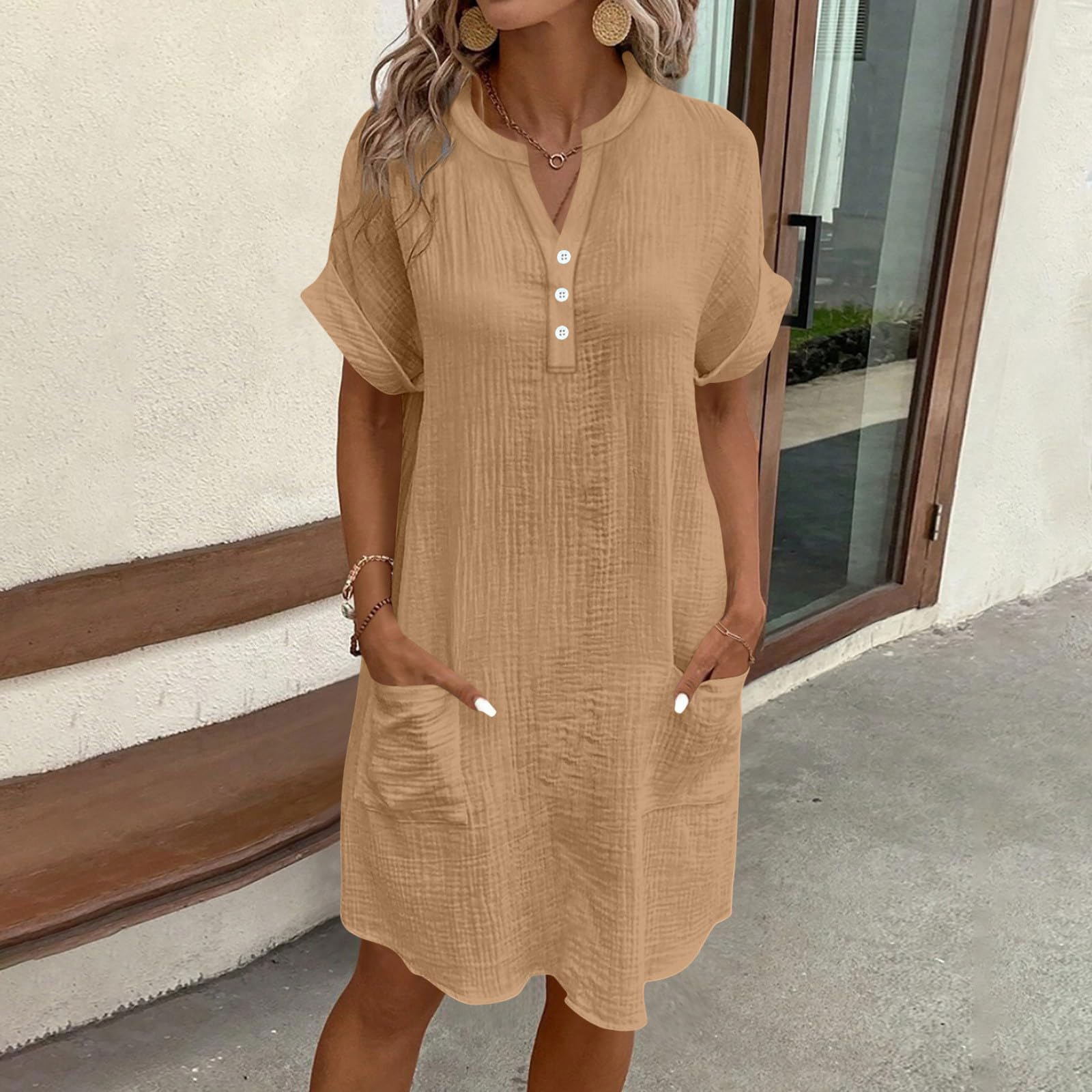 

Women V Neck Button Short Sleeve Dress with Pockets Loose Fit Casual Lightweight Tunic Dress for Daily Wear M хаки