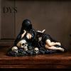 Fantasy Character Book Holder Gothic Reader Statue, Hooded Skeleton Resin Figurine, Sitting Statue for Bookshelf, Desk Decor Home Library Study, Dark