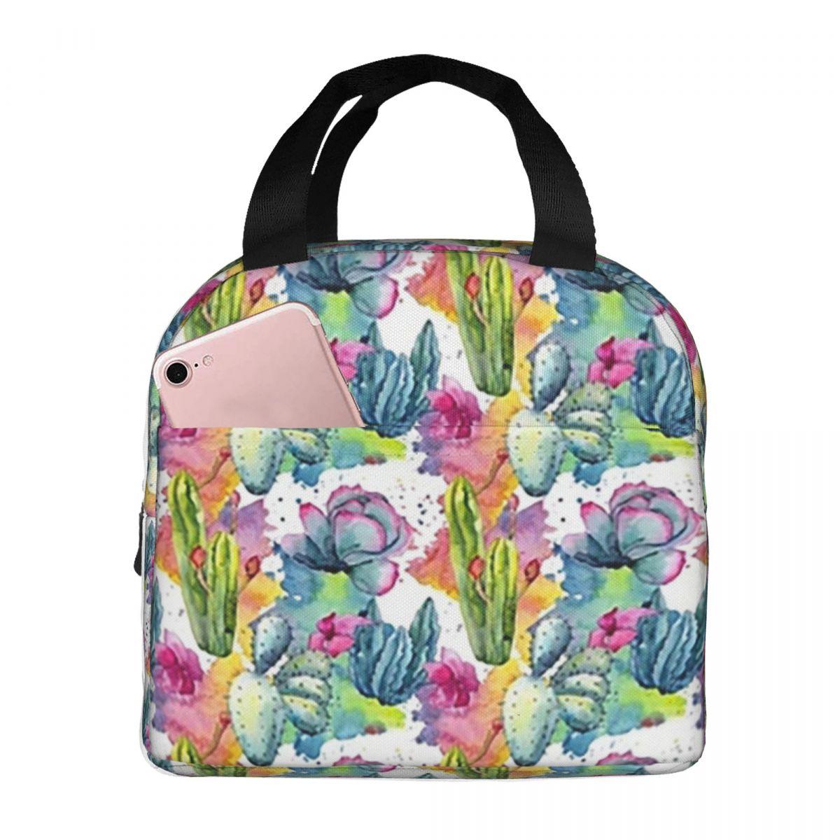 Exotic Wildflower Cactus Pattern Watercolor Style Stylish Insulated Lunch Bag for Women Children Food Boxes Thermal Lunch Box One Size