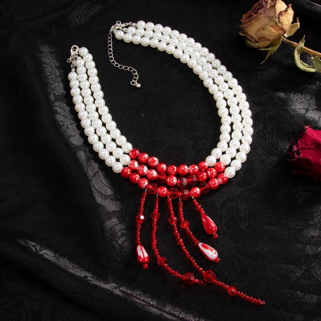 IngeSight.Z Multilayer Goth Red Blood Pattern Imitation Pearl Crystal Tassel Necklace Bracelet Women Vintage Luxury Jewelry Set
