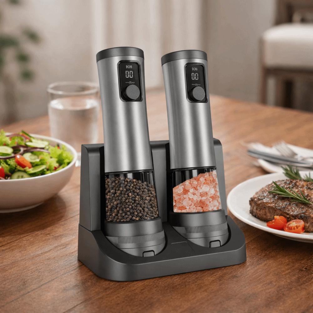 USB Rechargeable Electric Pepper Salt Grinder Set Adjustable Coarseness LED Indicator Automatic Pepper Salt Grinder Refillable