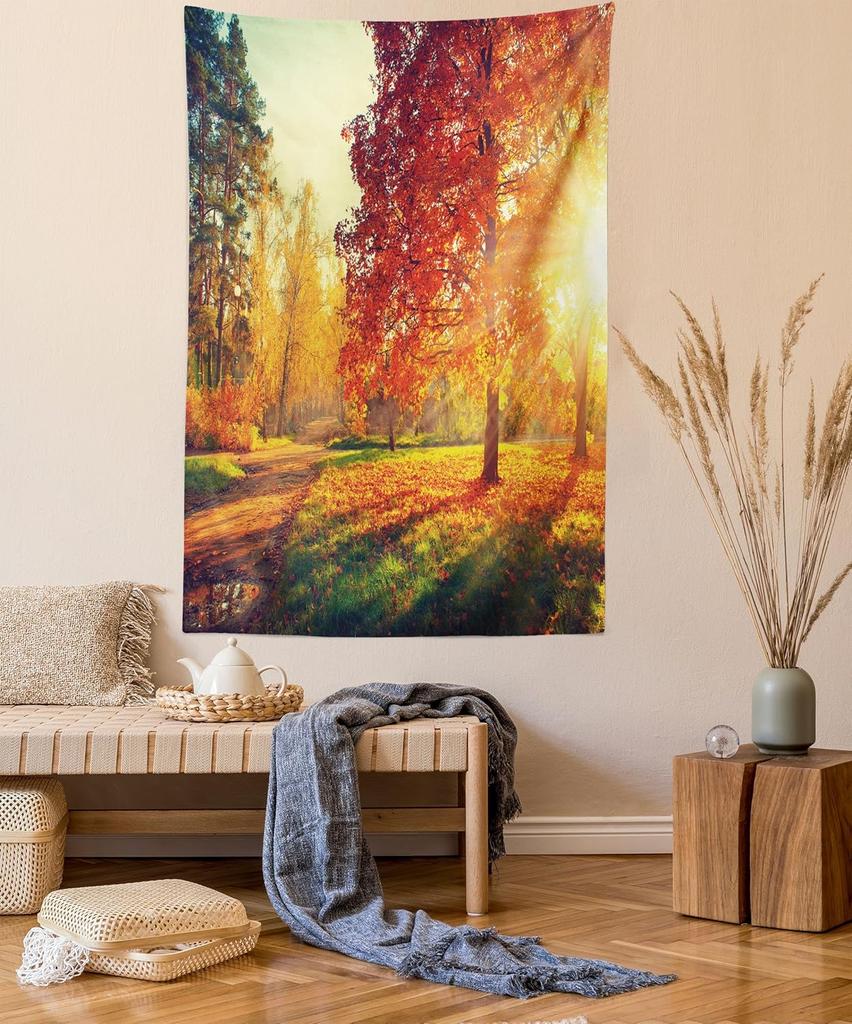 Fall Tapestry, Vibrant Misty Day in Forest Sun Rays Trees Foliage Fallen Leaves Calm View, Wide Wall Hanging for Bedroom Living