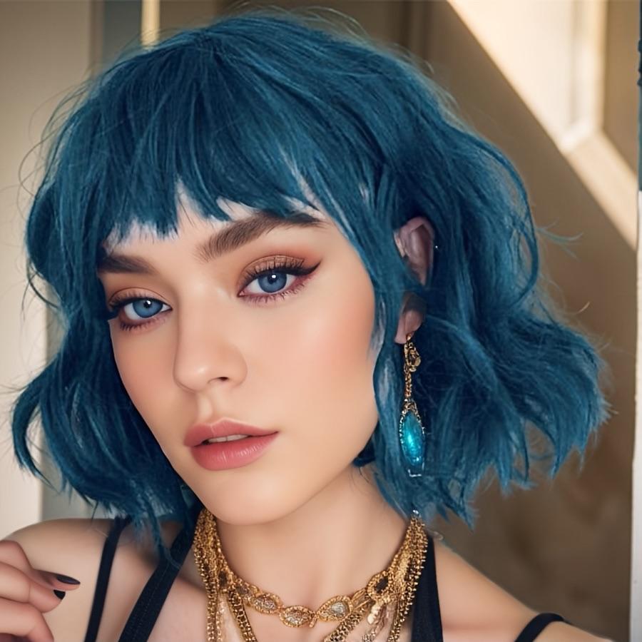 Natürliche Blaue Kurze Lockige Perücke für Damen - Schulterlanger Gewellter Bob mit Pony | Synthetisches Hitzebeständiges Haar