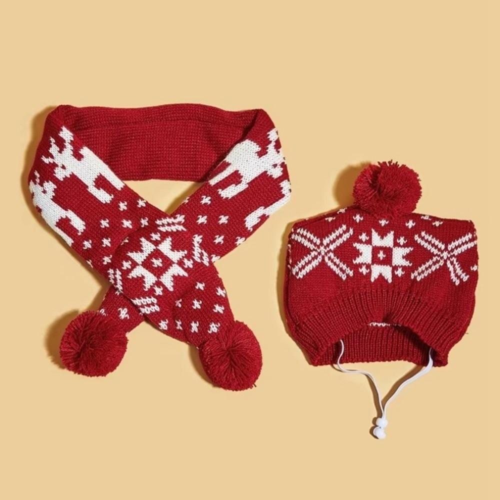 Cute Deer Fur Pompom Pet Scarf Hat Set Adjustable Elastic Christmas Pet Set Snowflake Pattern Warm Pet Headgear Autumn Winter