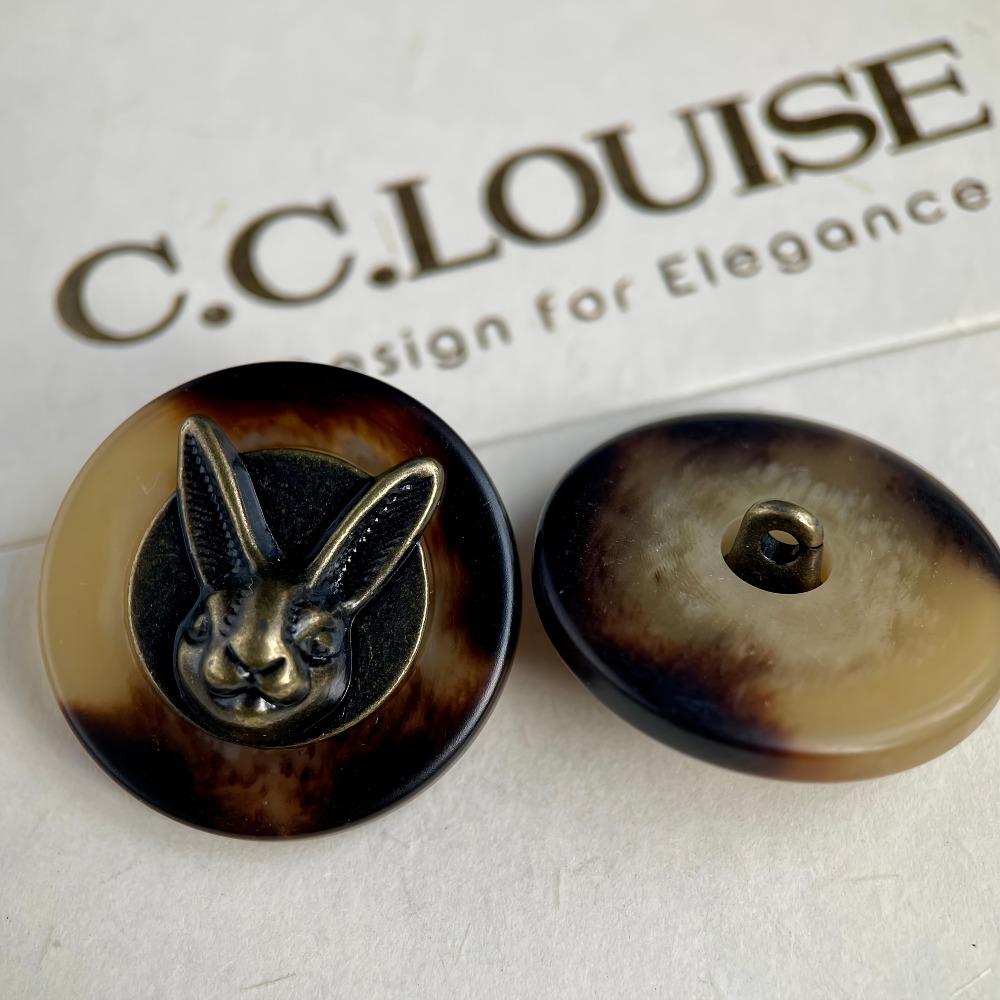 6 Pcs 25mm Vintage Copper Rabbit Head Decorative Buttons, Antique Brass Finish with Black Accents, Large Shank Metal Buttons for Clothing, Hats