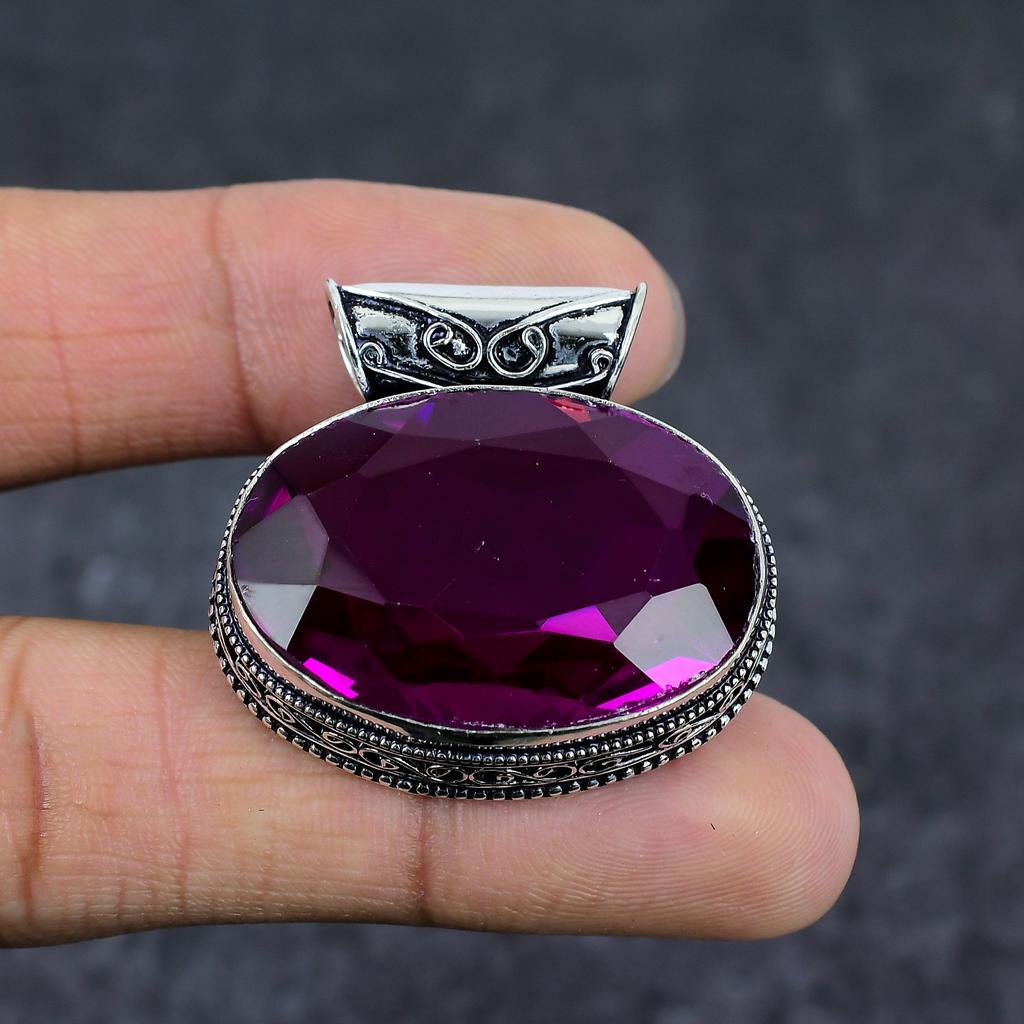 Natural Pink Rubillite Gemstone 925 Sterling Silver Jewelry Pendant 1.42" r5M24