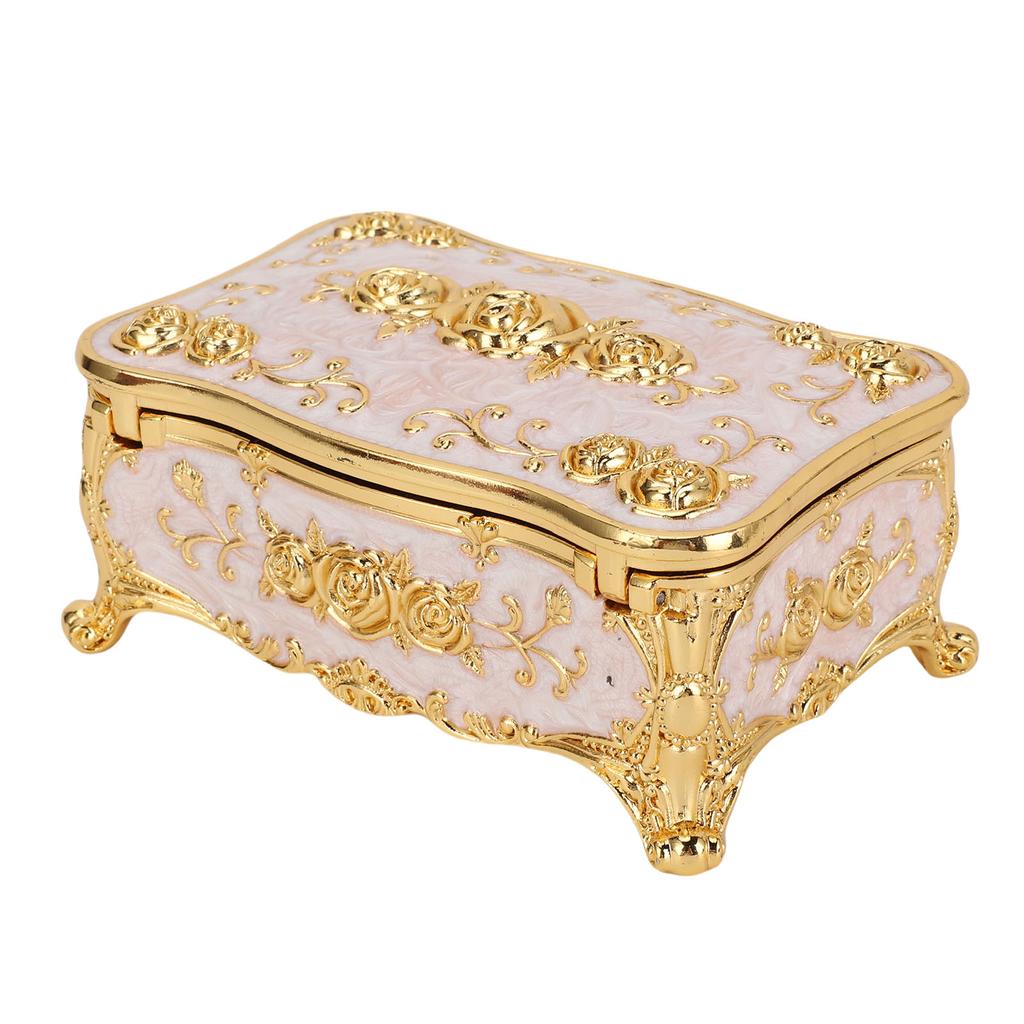 Vintage Jewelry Box Rectangular Exquisite Rose Pattern Zinc Alloy Soft Velvet Lining Trinket Organizer