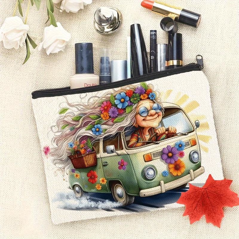Vintage Hippie Van Kosmetyczka Retro Kwiatowy Wzór Puzderko na Kosmetyki Zapięcie na Zamek Błyskawiczny Lekki Składany Organizer Podróżny dla Kobiet
