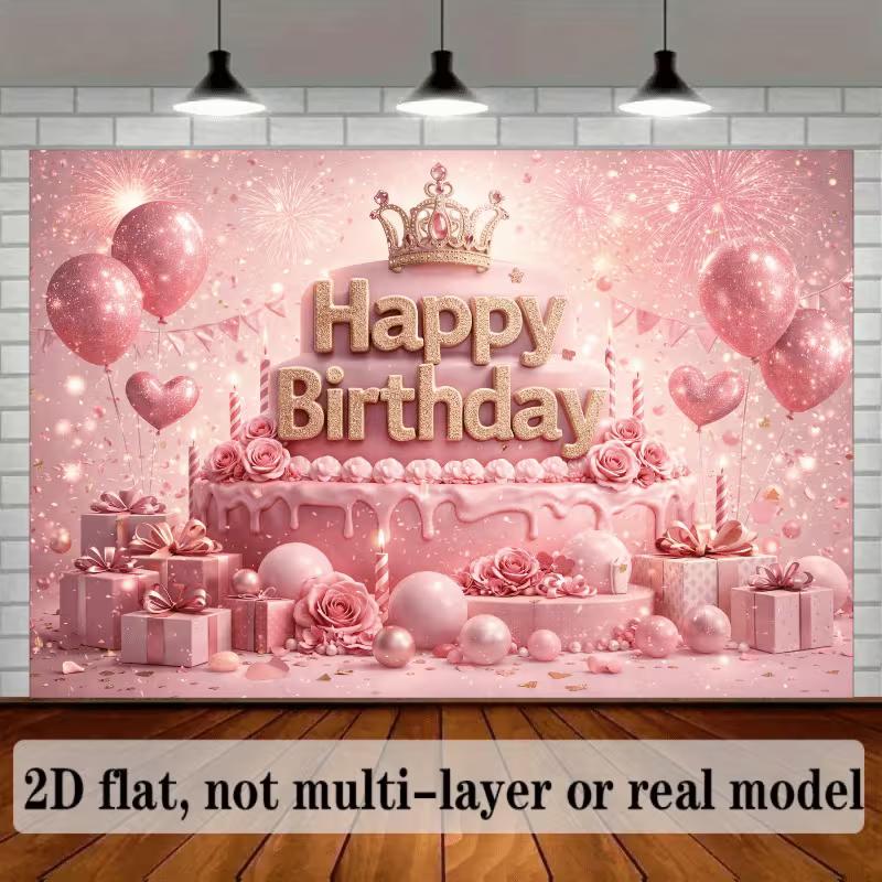 2D Pink Glitter Birthday Photography Background with Balloons & Gifts