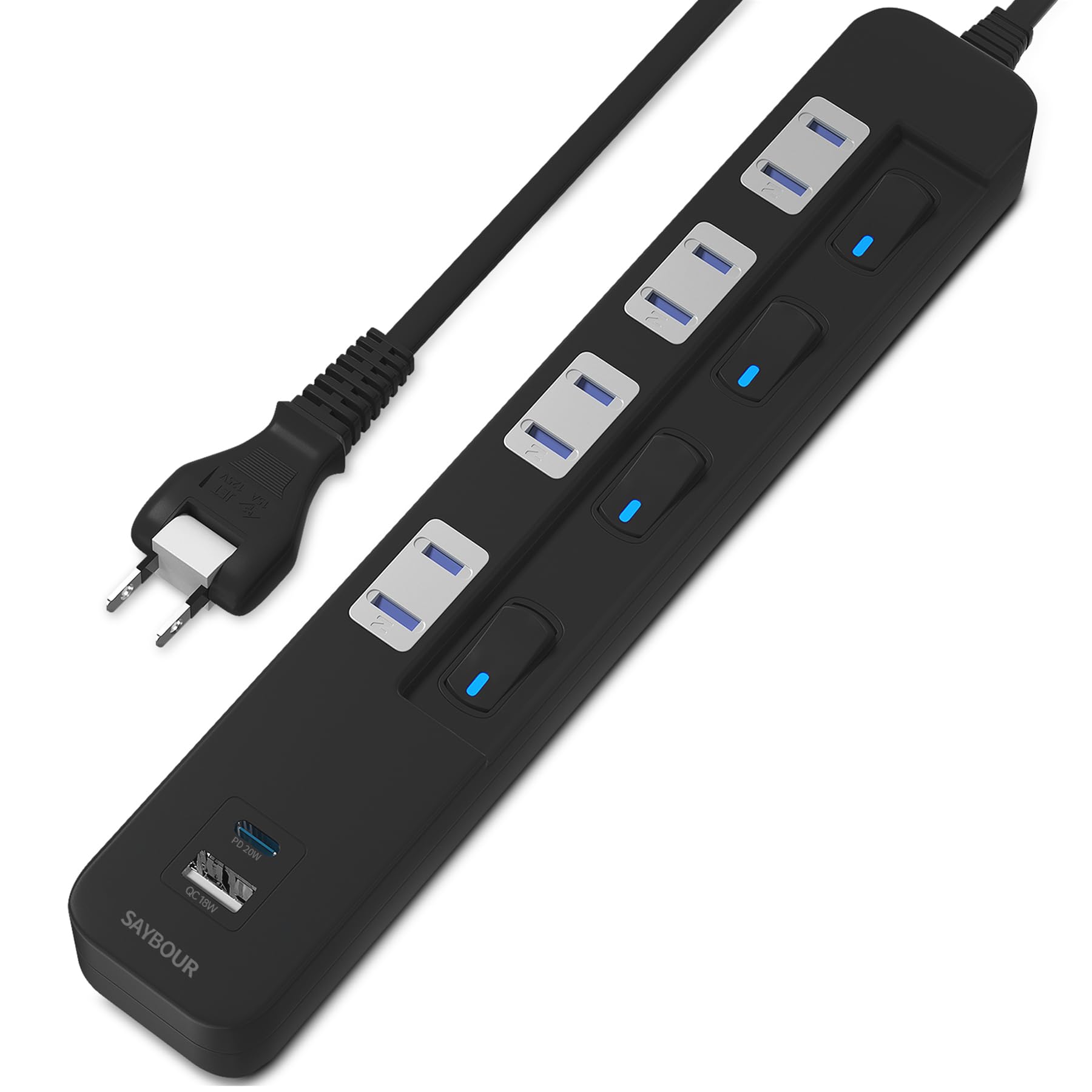 

SAYBOUR USB Power Strip, 1 USB-C Port, 1 USB-A Port, 4 Outlets, Surge Protection, Energy Saving, Individual Switches, PSE Certified (1m, Black)