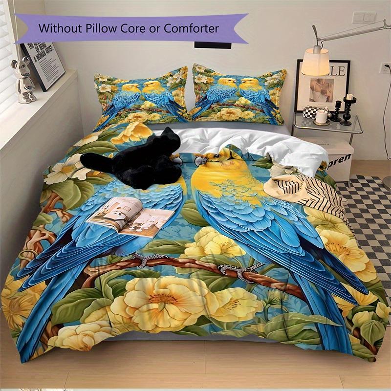 3pcs Parrot Floral Bedding Cover Set, Fashion Classic Popular Print Bedding Set, Soft Comfortable, All - Season Use, For Bedroom, Guest Room097