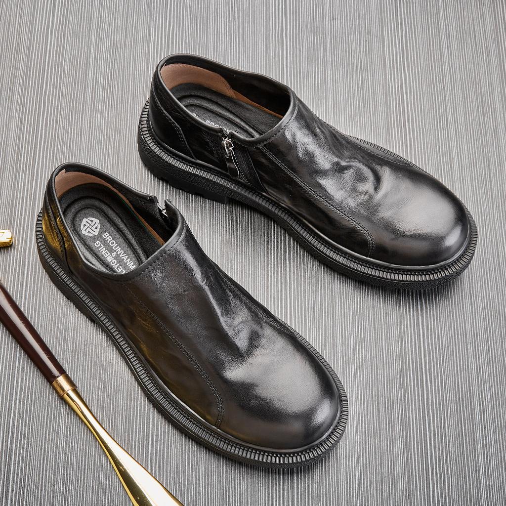 Lässige Lederschuhe mit großem Kopf Herren-Trend Vielseitige Leder-Rundkopf-Plateau-Reißverschluss Weiches Leder Business Blaue Einzelne Schuhe Herren