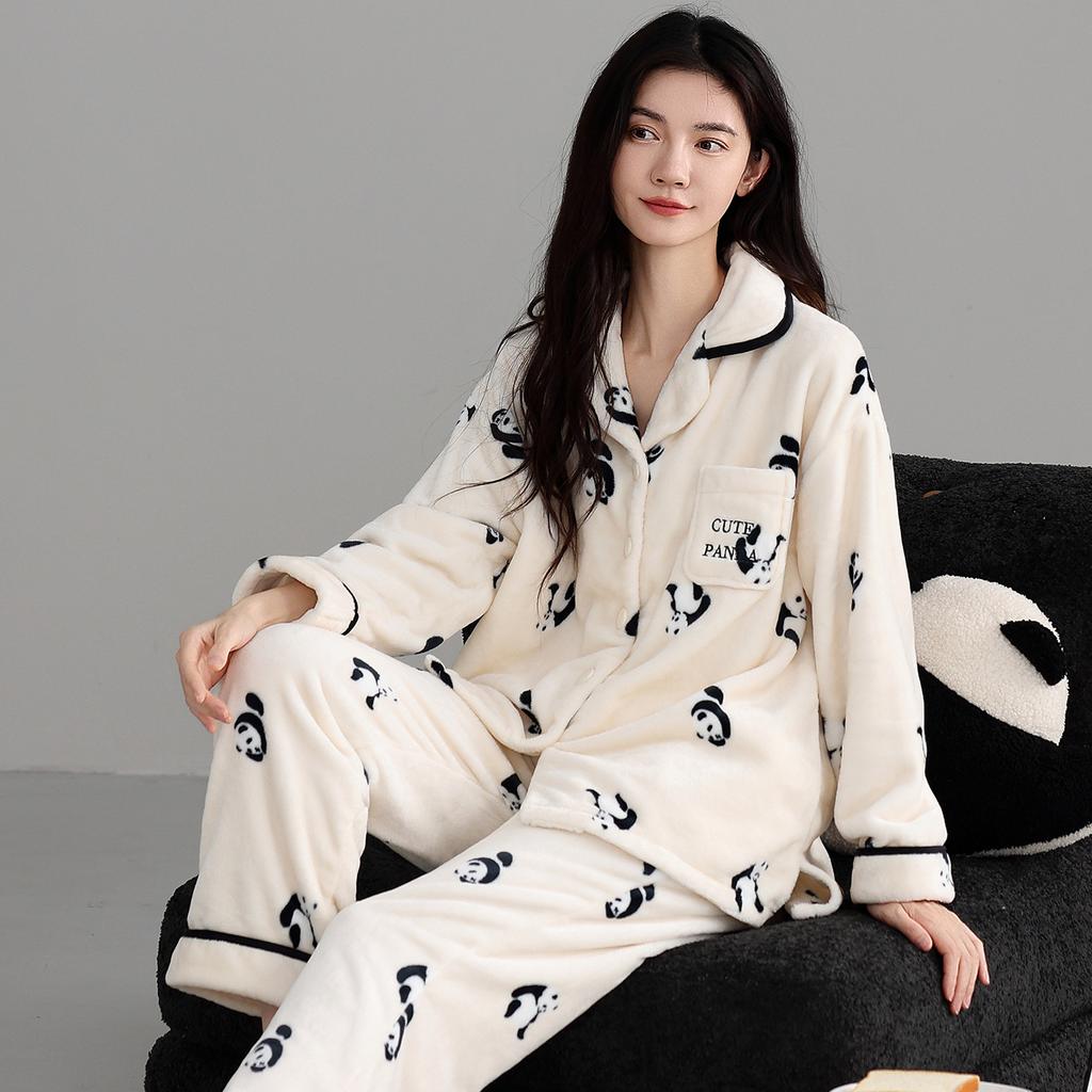 Coral Fleece Pajamas Women'S Autumn And Winter Flannel Fleece Thickened High-End Loungewear Warm Suit