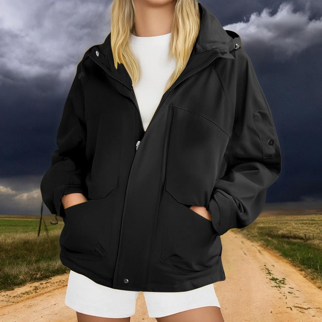 Women's Fashionable Thickened Hooded Outdoor Hiking Jacket Solid-Colour Windbreaker Outerwear