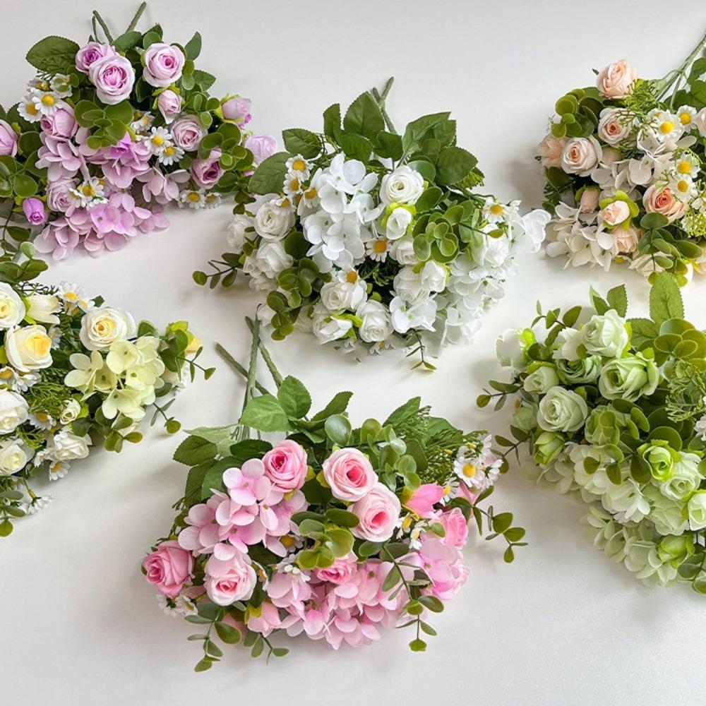 

Rose Vases Artificial Flowers Hydrangea Daisy Silk Rose Bouquet Wedding Backdrop білий