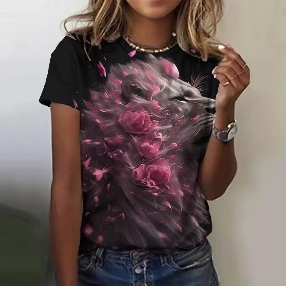 Summer Round Neck 3D Lion Tiger Leopard Print Top Fashionable Casual Short Sleeved Women's T-shirts