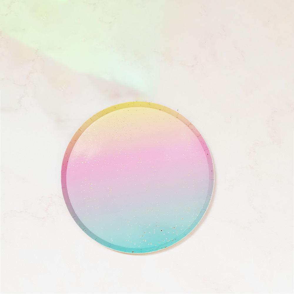 Rainbow Round Paper Cups Plates Napkins With Disposable Paper Tableware For Party Cake Plates Cups Wedding Birthday Banquet Picnic Dessert Decor