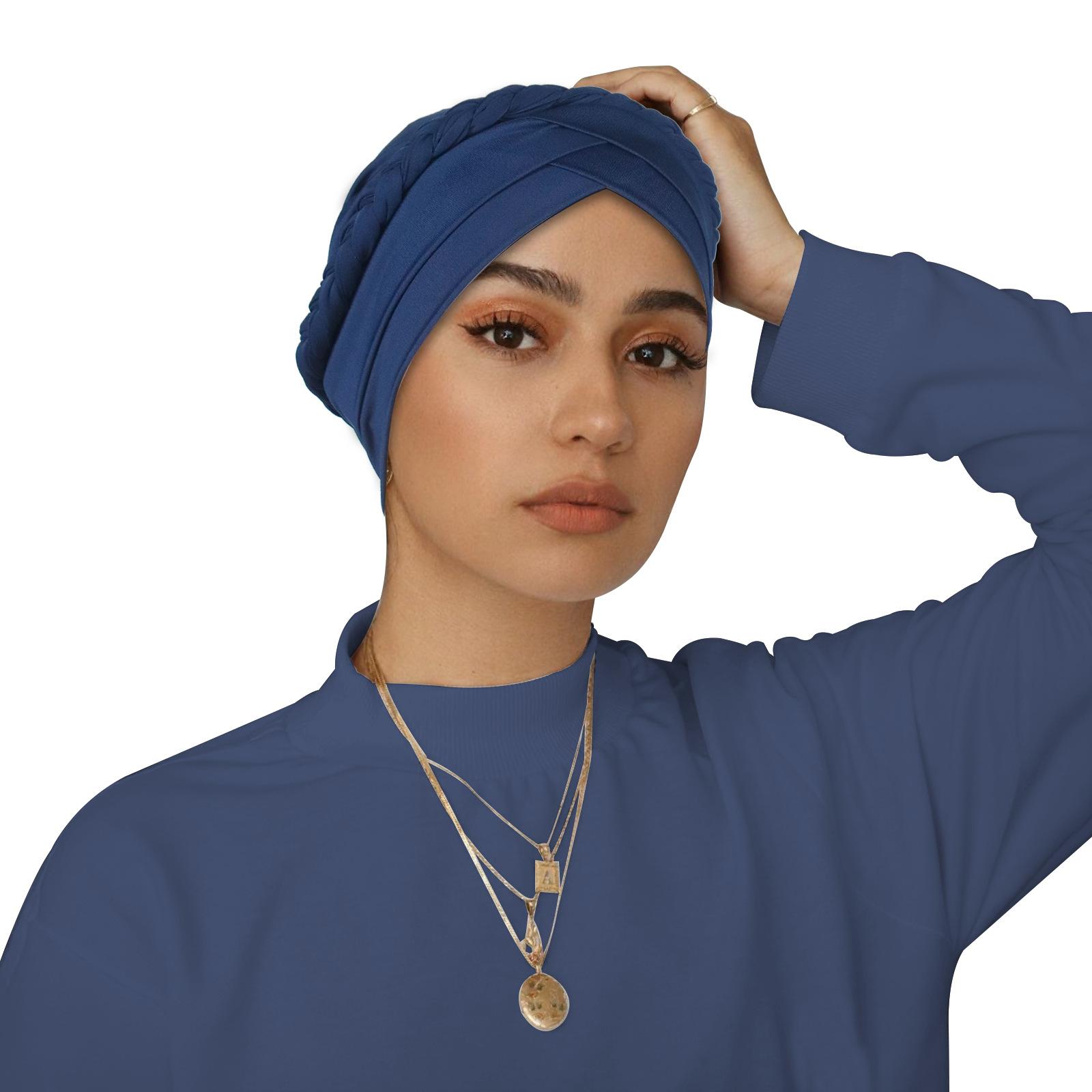

New Muslim Women Turban Hijabs Inner Hat Braids Chemo Cap Forehead Cross Bonnet Hair Loss Indian Hat Headscarf Head Wrap Islamic Темно-синій