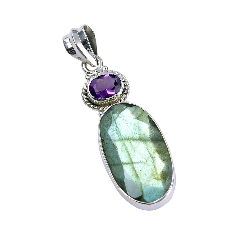 Labradorit Natural, Ametist Piatră Prețioasă Handmade Argint Masiv 925 Pandantiv 2" f2q97