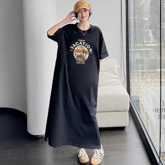 Foreign trade, fat mm large size dress for women's summer loose and thin girls medium and long lazy short-sleeved t-shirt long skirt