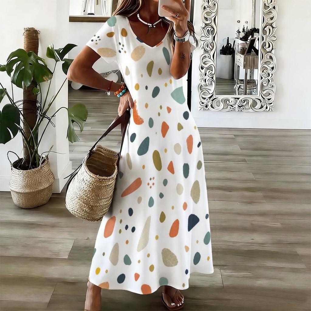 Women Plus Size V Neck Short Sleeve Printed Straight Maxi Dress
