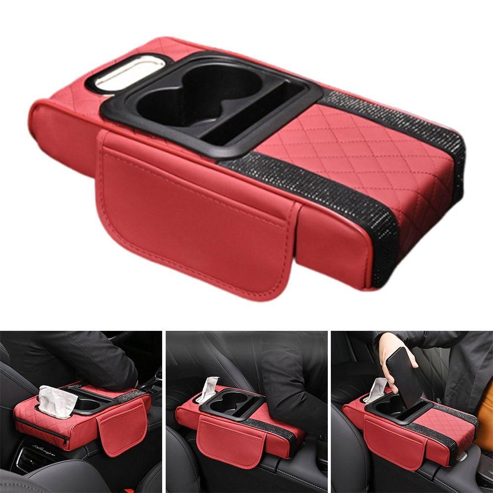 PU Leather Center Console Armrest Cushion with Cup Holder Tissue Box Height Increasing Car Armrest Pillow Multifunctional