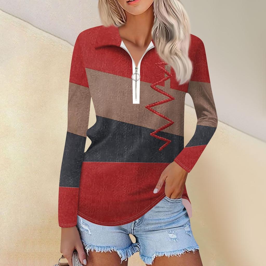 Camisa feminina casual com estampa de zíper e decote em V, manga comprida, primavera e moda