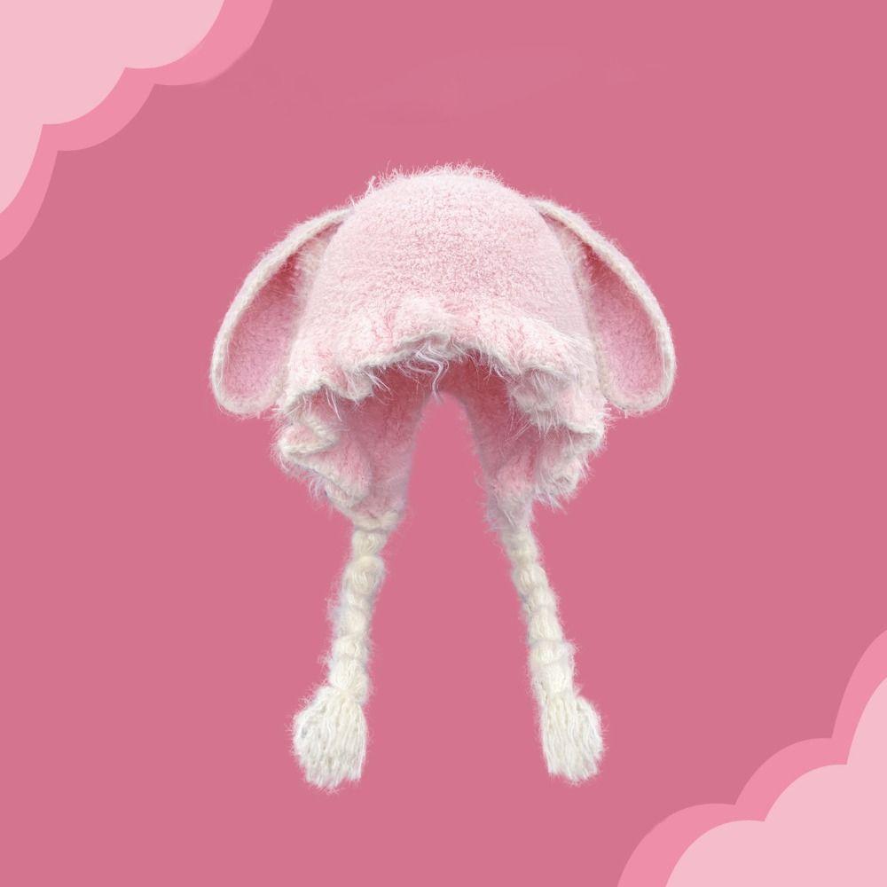 Fuzzy Texture Earflap Beanie Hat Braided Tassels Plush Winter Hat Bunny Ear Hat Autumn Wear