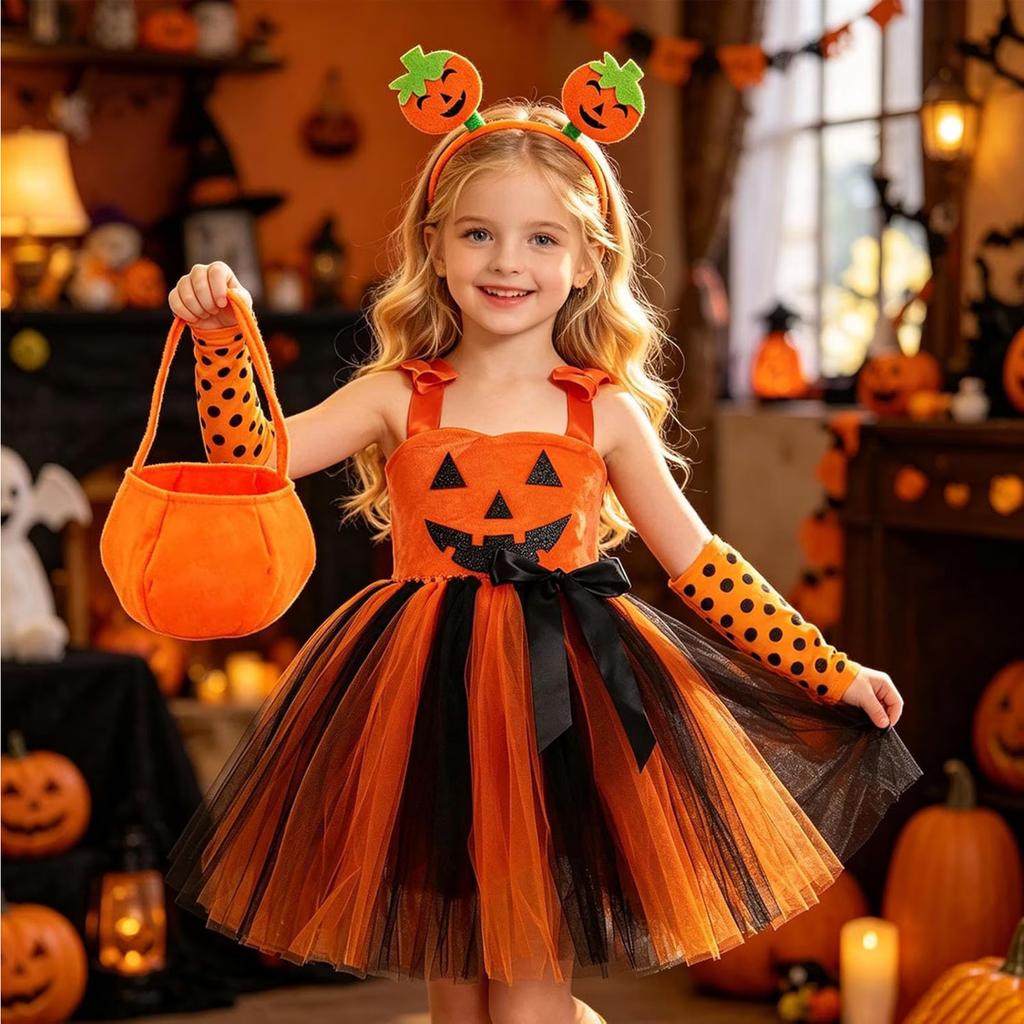 Dívčí Halloweenské Šaty Dětský Dýňový Kostým Párty Šaty s Sáčkem na Cukroví pro