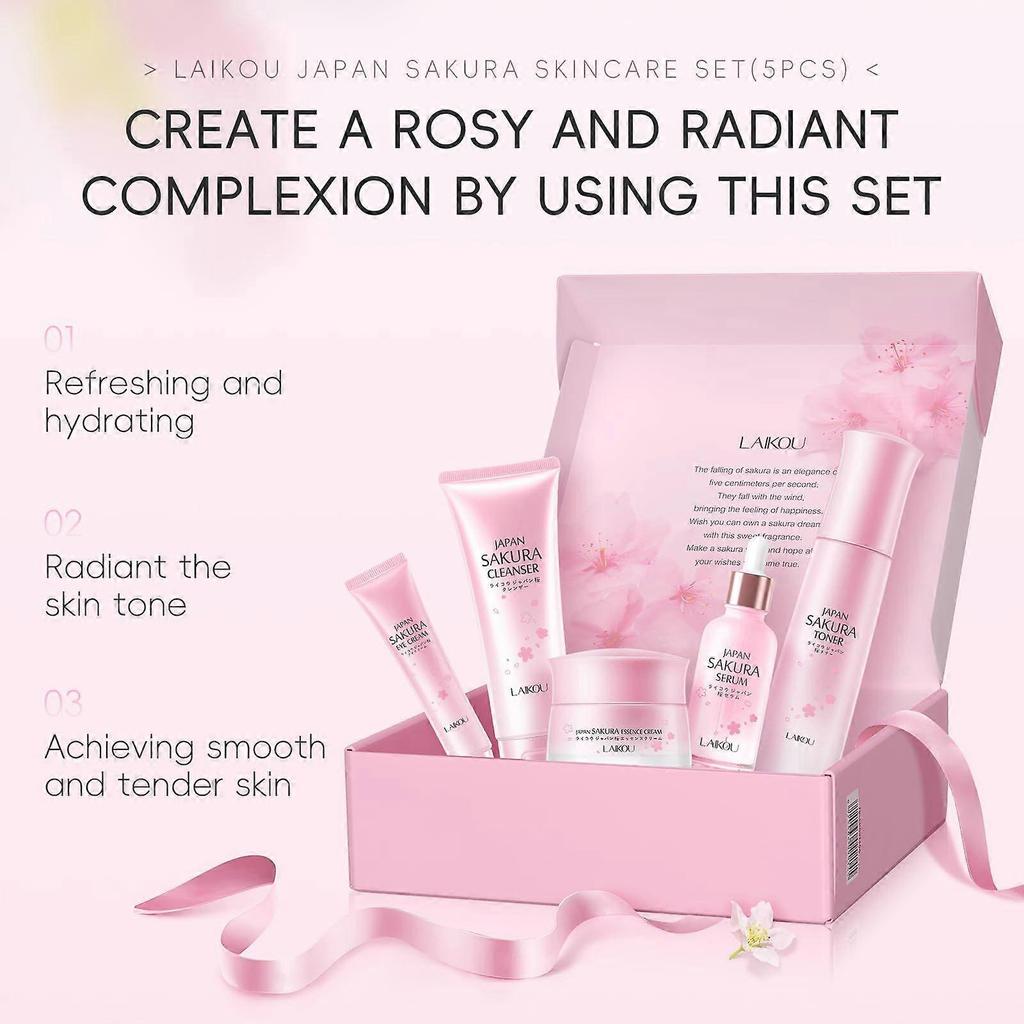 LAIKOU Kirschblüten Hautpflege Geschenkset: Luxus-Glasflaschen-Set für Frauen & Teenager-Mädchen, Reinigungsmittel, Toner, Serum, Augencreme & Feuchtigkeitscreme