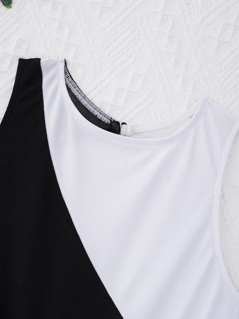 Mädchen Mesh Patchwork Tanzbody Ärmellos Rundhals Ausgeschnittener Rücken Kontrastfarbe Gymnastik Outfit