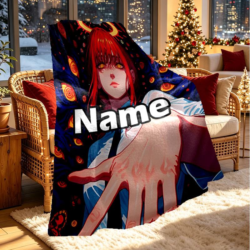 Custom Name Personalized Makima Chainsaw Man Print Blanket, Home Decor, Bedroom, Sofa, Camping, Couch, Gifts for Birthday Christmas