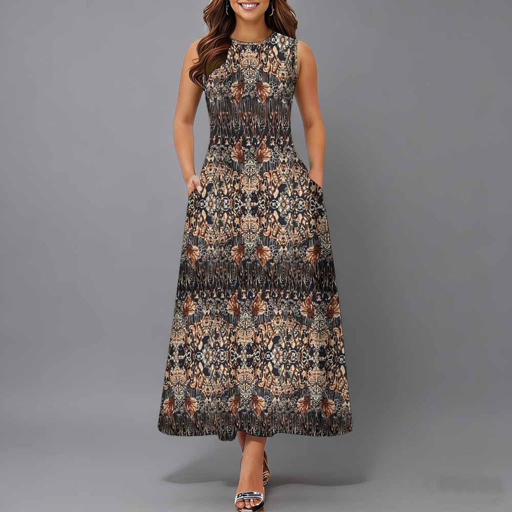 Oversized Women Sleeveless Round Neck Dress Elegant Scattered Bouquet Flowy Calf Length Gown