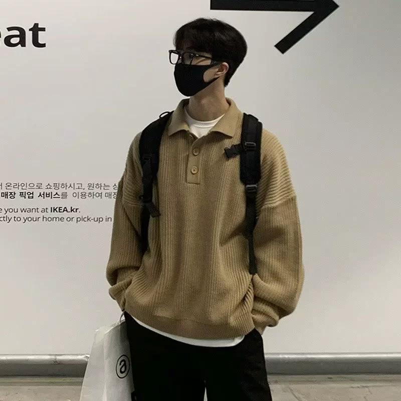 Men's Oversized Knit Polo Collar Sweater - Autumn/Winter Trendy Hong Kong Style, Solid Color Lapel Shirt