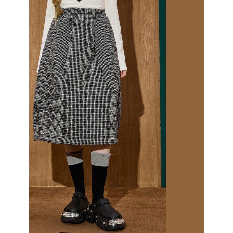 Coolhut Retro Plaid Skirt Mid-Length Skirt Versatile High-Waisted Thickened Loose Winter New Long Skirt for Women
