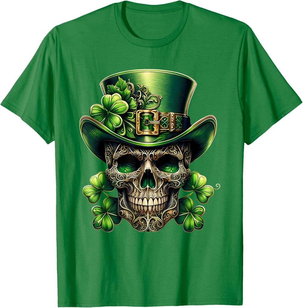 Leprechaun Skull St Patrick Day Shamrock Graphic Print Men's Cotton T-Shirt Daily Wear