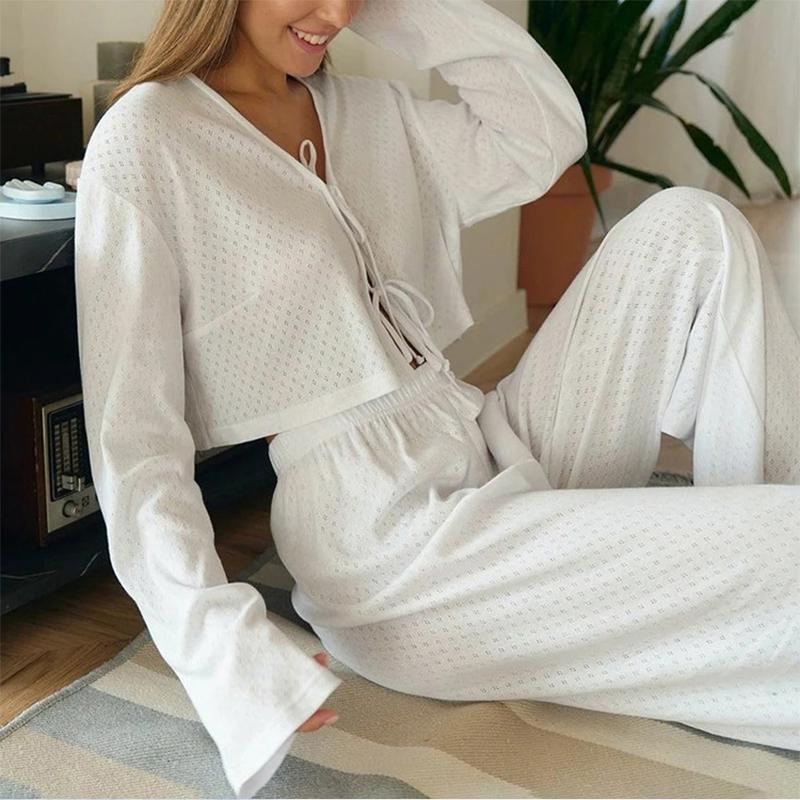 New Solid Color Knitted Jacquard Long Sleeve Open Umbilical Pajama Pants Two Piece Comfortable Home Clothes for Women