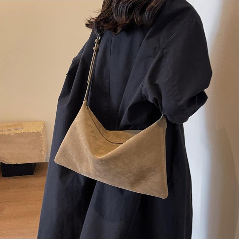 Women Suede PU Leather Large Capacity All-match Shoulder Bag Vintage Solid Color Casual Style Commuter Tote Bag KTY