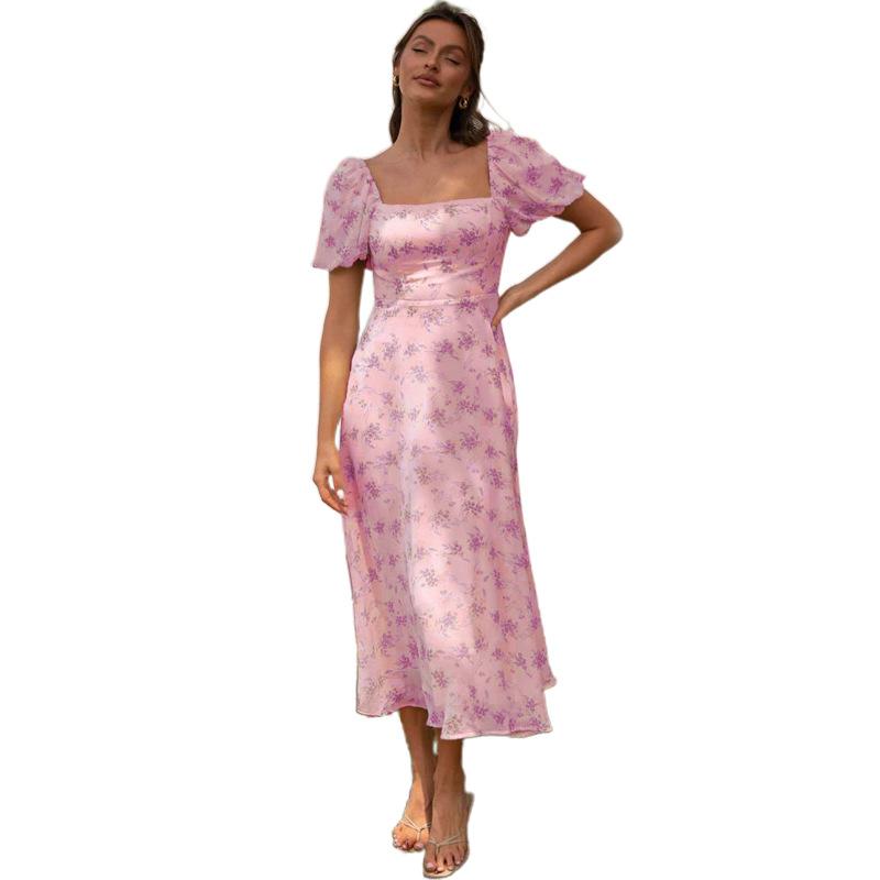 Spring and summer European and American dresses, new backless hot girls, spring puff sleeves, floral skirts, women look thin and light luxurious
