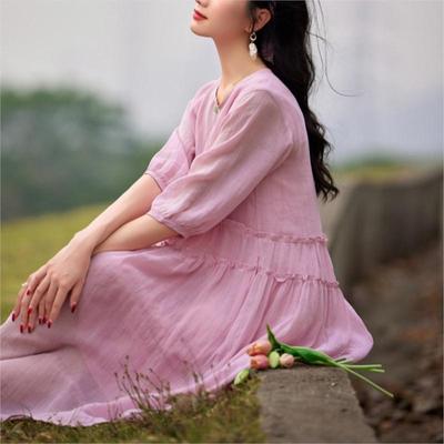 Woman Summer O-Neck Half Sleeve A-Line Dress Fashion Casual Vintage Solid Color Splicing Dress