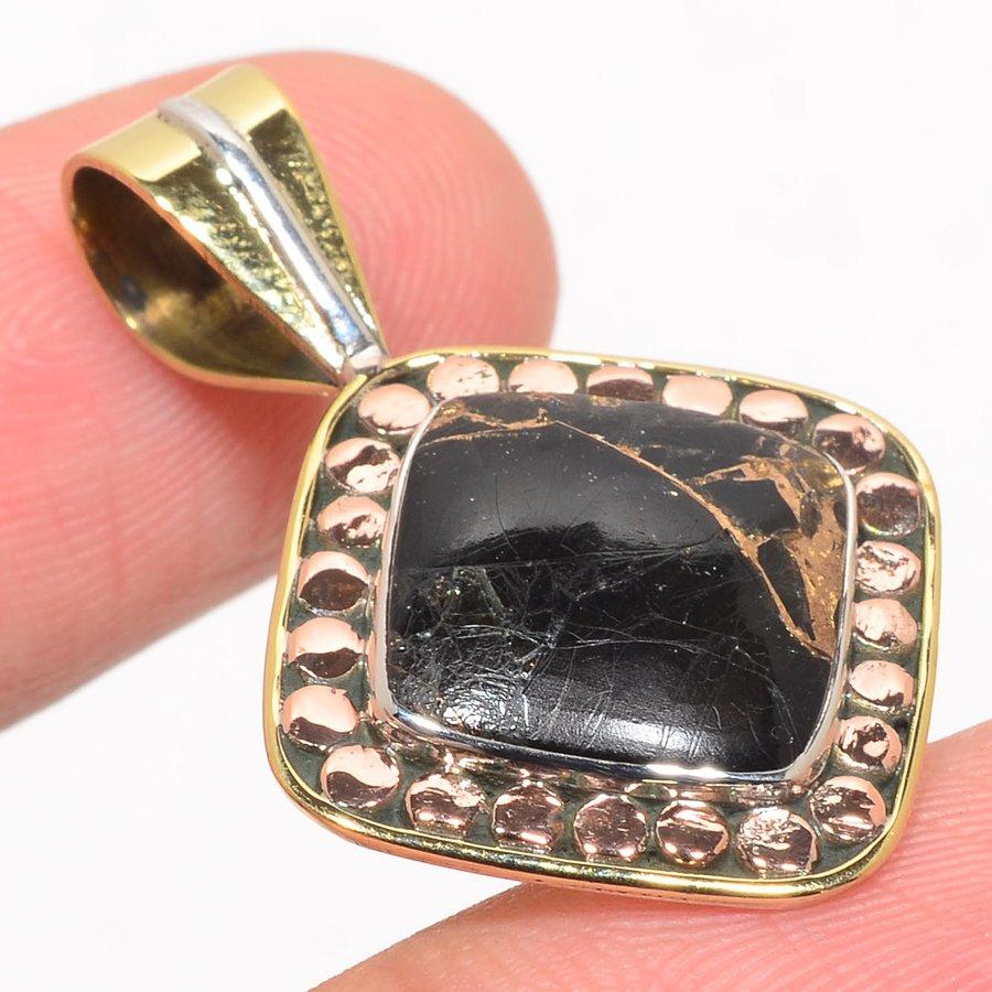 Natural Black Turquoise TwoTone 925 Solid Sterling Silver Pendant 1.50" d6Z75