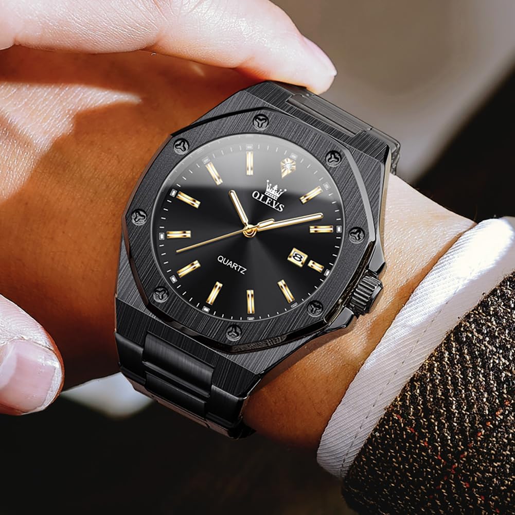 Olevs Black Analog Stainless Large Date Watch Men's Watch, Waterproof, Quartz, Octagonal, Steel, Dial, Display, Black, Men's