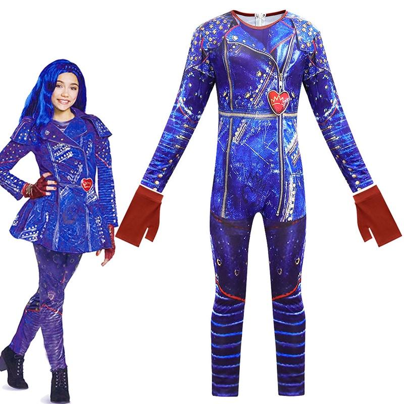 Descendants 3 Evie Cosplay Costume For Kids With Elegant Blue Full Body Jumpsuit And Back Zipper