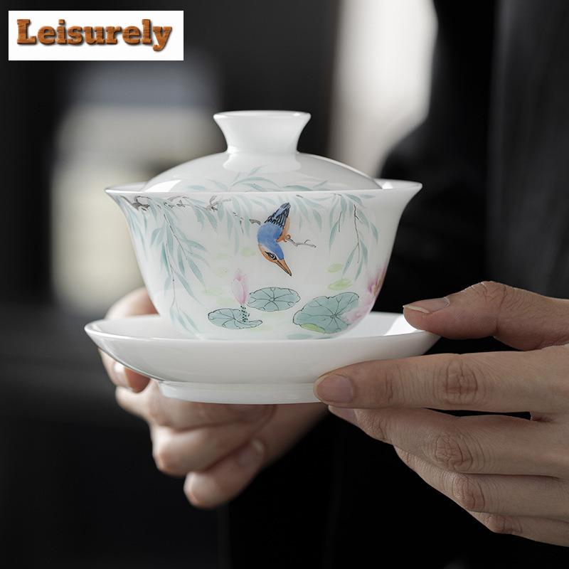 135ml butikový nefritový porcelán Gaiwan, ručně malovaná květinová a ptačí čajová mísa, kryt na čajový konvici, miska, kavárny, dárky